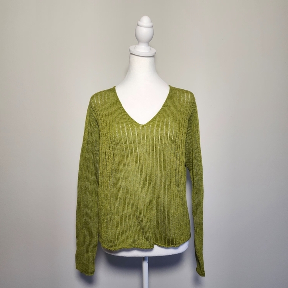 Eileen Fisher Sheen Olive Green 100% Cotton Longsleeve Heavyweight Knit Top L - Picture 1 of 11